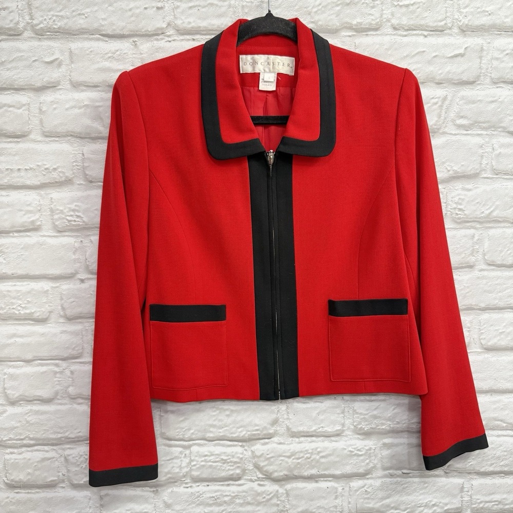 Vtg‎  Doncaster Womens 100% Wool Red Blazer Jacket Black Trim Sz 6 Business Wear